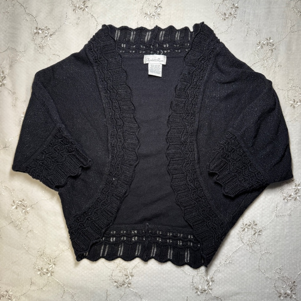 vintage y2k charlotte russe glitter knit crochet‑trim bolero cardigan – size m